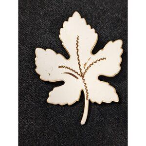 Vintage Gold Tone White Enamel Filigree Leaf Pin Brooch MCM